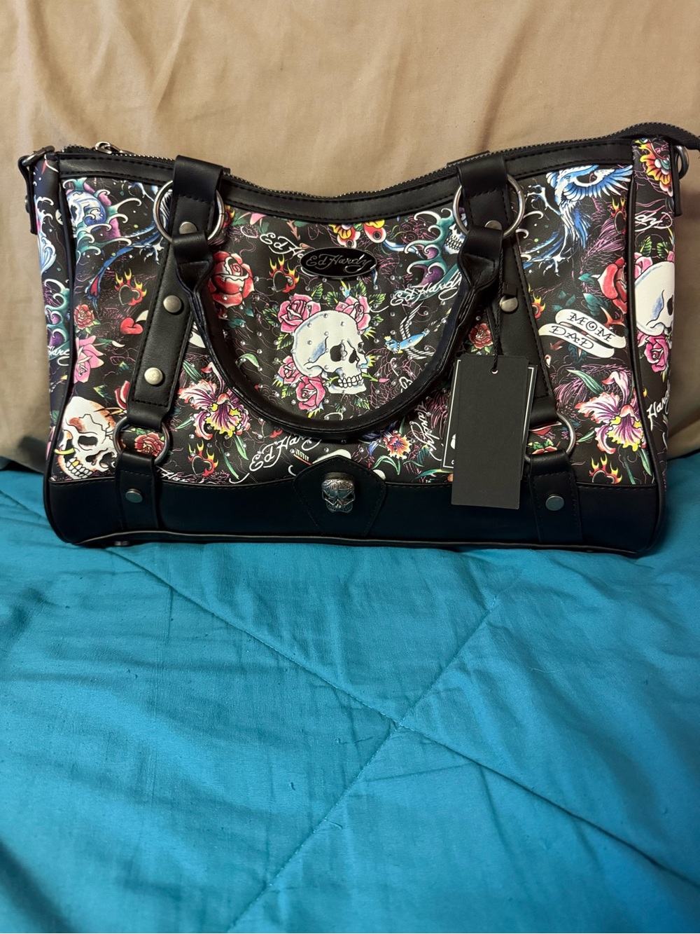 Ed Hardy Black Floral Skull Shoulder Bag with Multicolor Accents